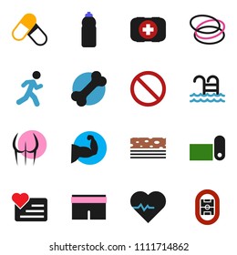solid vector ixon set - heart pulse vector, muscule hand, buttocks, shorts, pills, water bottle, fitness mat, breads, pool, prohibition sign, monitor, first aid kit, bone, hoop, run, stadium