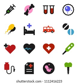 solid vector ixon set - heart pulse vector, cross, thermometer, vial, pregnancy, syringe, broken bone, pills, anamnesis, hospital bed, amkbulance car, drop counter, sperm, ovule, tooth implant