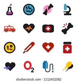solid vector ixon set - heart cross vector, first aid kit, oxygen, pulse, thermometer, flask, broken bone, pills bottle, microscope, microbs, amkbulance car, drop counter, sperm