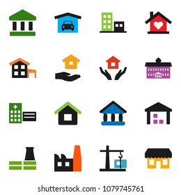 solid vector ixon set - house hold vector, university, bank, warehouse, hospital building, cottage, garage, apartments, love home, construction crane, factory, store