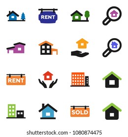 solid vector ixon set - house hold vector, cottage, chalet, rent signboard, sold, apartments, search estate, home