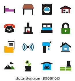 solid vector ixon set - house vector, water supply, mountain, garage, barn, estate document, lock, table, washer, fireplace, wireless, flower in pot, phone, factory
