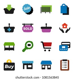 solid vector ixon set - house hold vector, cart, office, cargo search, sold signboard, credit card, sale, shopping bag, market, store, buy, barcode, basket, list