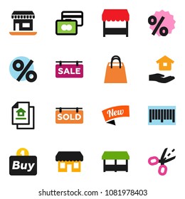 solid vector ixon set - house hold vector, credit card, office, estate document, sale signboard, sold, new, shopping bag, percent, market, store, buy, barcode, coupon