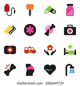solid vector ixon set - house hold vector, heart pulse, buttocks, first aid kit, ambulance star, broken bone, pills, bottle, blister, hospital bed, amkbulance car, drop counter, tooth implant, bath