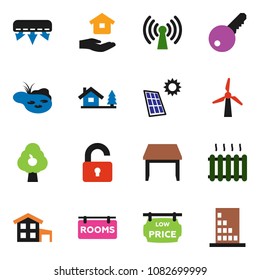 solid vector ixon set - house hold vector, cottage, chalet, pond, solar panel, windmill, fruit tree, rooms signboard, low price, key, unlock, table, heating, air conditioner, wireless, building