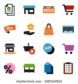 solid vector ixon set - house hold vector, cart, office, estate document, sold signboard, sale, new, shopping bag, percent, market, store, barcode, basket, list