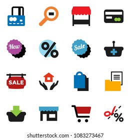 solid vector ixon set - house hold vector, cart, credit card, cargo search, estate document, sale signboard, new, shopping bag, percent, market, store, basket, coupon