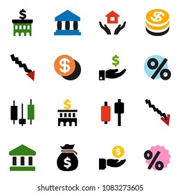 solid vector ixon set - house hold vector, bank, japanese candle, crisis, money bag, investment, building, dollar coin, percent