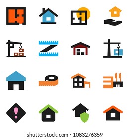 solid vector ixon set - house hold vector, measuring, home, attention sign, cottage, barn, plan, construction crane, protect, mall