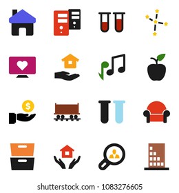 solid vector ixon set - house hold vector, apple fruit, music, archive, constellation, investment, heart monitor, Railway carriage, vial, server, home, client search, cushioned furniture, building