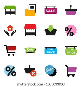 solid vector ixon set - house hold vector, cart, estate document, sale signboard, low price, percent, market, basket