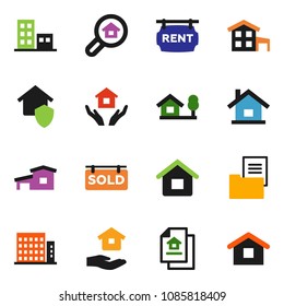 solid vector ixon set - house hold vector, cottage, chalet, estate document, rent signboard, sold, apartments, search, home protect