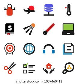 solid vector ixon set - house hold vector, apron, thermometer, pen, world, exam, annual report, target, shuttlecock, plane, document, headphones, notebook pc, scissors, network server, client search