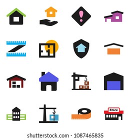 solid vector ixon set - house hold vector, school building, measuring, dry cargo, home, attention sign, cottage, barn, plan, construction crane, protect, mall