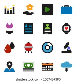 solid vector ixon set - house hold vector, bbq, case, microscope, personal information, pie graph, swimsuite, heart monitor, map pin, money, calendar, equalizer, play button, blood drop