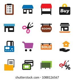 solid vector ixon set - house hold vector, cart, credit card, office, estate document, rooms signboard, sold, market, store, buy, barcode, shopping list, coupon