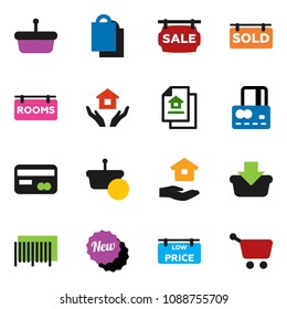 solid vector ixon set - house hold vector, credit card, estate document, sale signboard, rooms, sold, low price, new, shopping bag, barcode, basket, cart