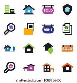solid vector ixon set - house vector, cottage, chalet, estate document, rent signboard, sold, apartments, search, home protect