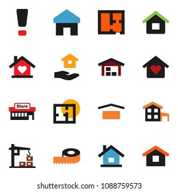 solid vector ixon set - house hold vector, measuring, dry cargo, home, attention sign, cottage, barn, plan, love, construction crane, mall