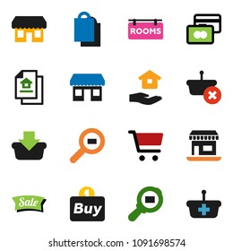 solid vector ixon set - house hold vector, cart, credit card, office, cargo search, estate document, rooms signboard, sale, shopping bag, store, buy, basket