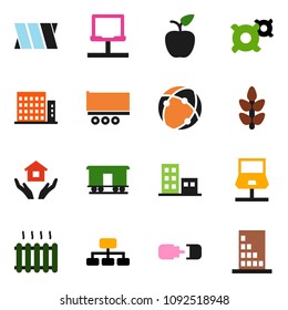 solid vector ixon set - house hold vector, apple fruit, hierarchy, any currency, cereals, truck trailer, Railway carriage, bandage, connection, notebook network, apartments, heating, building