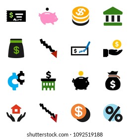 solid vector ixon set - house hold vector, bank, crisis, money bag, piggy, investment, check, building, cent sign, dollar coin, percent