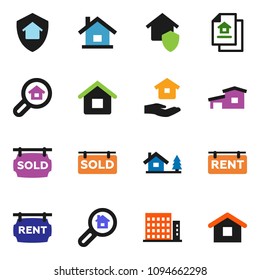 solid vector ixon set - house hold vector, cottage, chalet, estate document, rent signboard, sold, apartments, search, home protect
