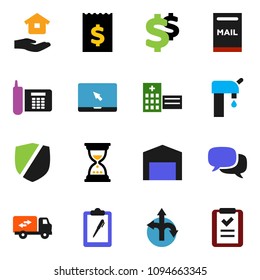 solid vector ixon set - house hold vector, receipt, sand clock, dollar sign, route, phone, clipboard, protected, dialog, notebook pc, hospital building, mailbox, water supply, barn, relocation truck