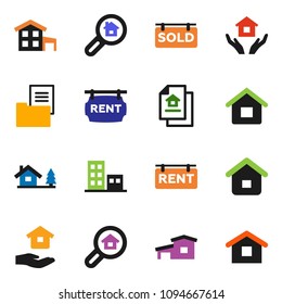 solid vector ixon set - house hold vector, cottage, chalet, estate document, rent signboard, sold, apartments, search, home