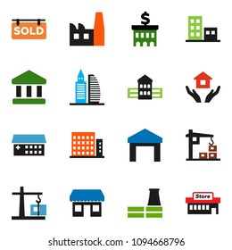 solid vector ixon set - house hold vector, school building, bank, office, warehouse, hospital, sold signboard, apartments, construction crane, factory, mall