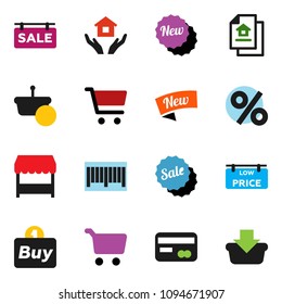 solid vector ixon set - house hold vector, cart, estate document, sale signboard, low price, credit card, new, percent, market, buy, barcode, basket