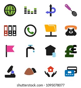 solid vector ixon set - house hold vector, garbage pile, skimmer, microscope, flag, binder, pound, route, phone, equalizer, internet, network folder, water supply, smart home, credit card