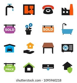 solid vector ixon set - house hold vector, water supply, garage, plan, sold signboard, low price, table, bath, air conditioner, ari condition, flower in pot, phone, factory, home protect