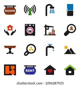 solid vector ixon set - house hold vector, water supply, mountain, plan, rent signboard, rooms, client search, table, bath, washer, love home, fridge, wireless, construction crane