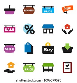 solid vector ixon set - house hold vector, office, sale signboard, rooms, sold, low price, new, shopping bag, percent, market, buy, basket, list