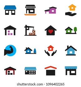 solid vector ixon set - house hold vector, muscule hand, office, dry cargo, warehouse, hospital building, cottage, chalet, barn, love home, construction crane, store