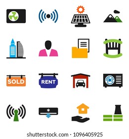solid vector ixon set - house hold vector, solar panel, mountain, garage, estate document, rent signboard, sold, office building, consumer, crib, air conditioner, ari condition, wireless, factory