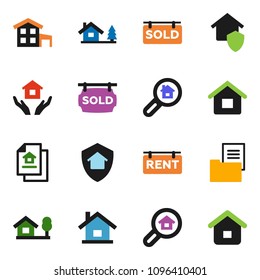 solid vector ixon set - house hold vector, cottage, chalet, estate document, rent signboard, sold, search, home protect