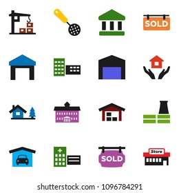solid vector ixon set - house hold vector, skimmer, university, school building, bank, warehouse, hospital, chalet, garage, barn, sold signboard, construction crane, factory, mall