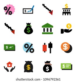 solid vector ixon set - house hold vector, bank, japanese candle, crisis, money bag, investment, check, building, dollar coin, percent
