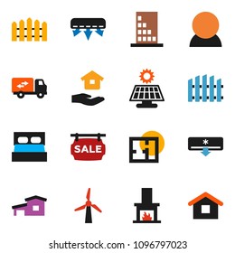 solid vector ixon set - house hold vector, cottage, solar panel, windmill, fence, plan, sale signboard, consumer, relocation truck, fireplace, air conditioner, building, home
