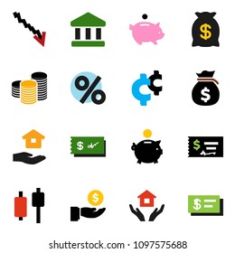 solid vector ixon set - house hold vector, bank, japanese candle, crisis, money bag, piggy, investment, coin stack, check, cent sign, percent
