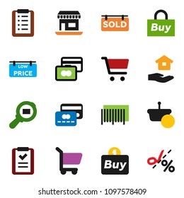 solid vector ixon set - house hold vector, cart, credit card, office, cargo search, sold signboard, low price, buy, barcode, basket, shopping list, coupon