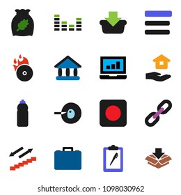 solid vector ixon set - house hold vector, cereal, university, laptop graph, case, water bottle, stairways run, clipboard, music hit, equalizer, rec button, insemination, menu, chain, basket