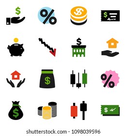 solid vector ixon set - house hold vector, japanese candle, crisis, money bag, piggy bank, investment, coin stack, check, building, dollar, percent
