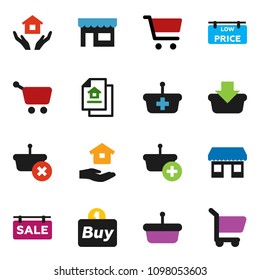 solid vector ixon set - house hold vector, cart, office, estate document, sale signboard, low price, store, buy, basket