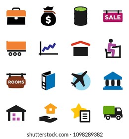 solid vector ixon set - house hold vector, student, bank, graph, money bag, case, binder, plane, truck trailer, dry cargo, warehouse, oil barrel, favorites, sale signboard, rooms, delivery