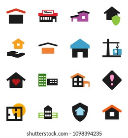 solid vector ixon set - house hold vector, school building, dry cargo, home, attention sign, cottage, plan, love, construction crane, protect, mall