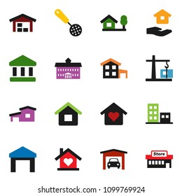 solid vector ixon set - house hold vector, skimmer, university, bank, warehouse, cottage, chalet, garage, barn, apartments, love home, construction crane, mall
